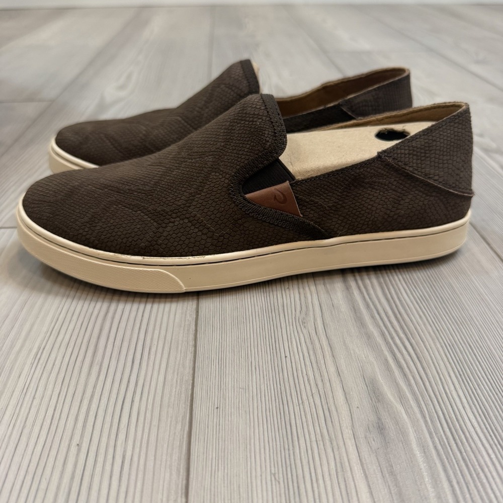 NEW Olukai Pehuea Leather Slip On Sneakers Dark Java Honu Brown 10 20329-JH48
